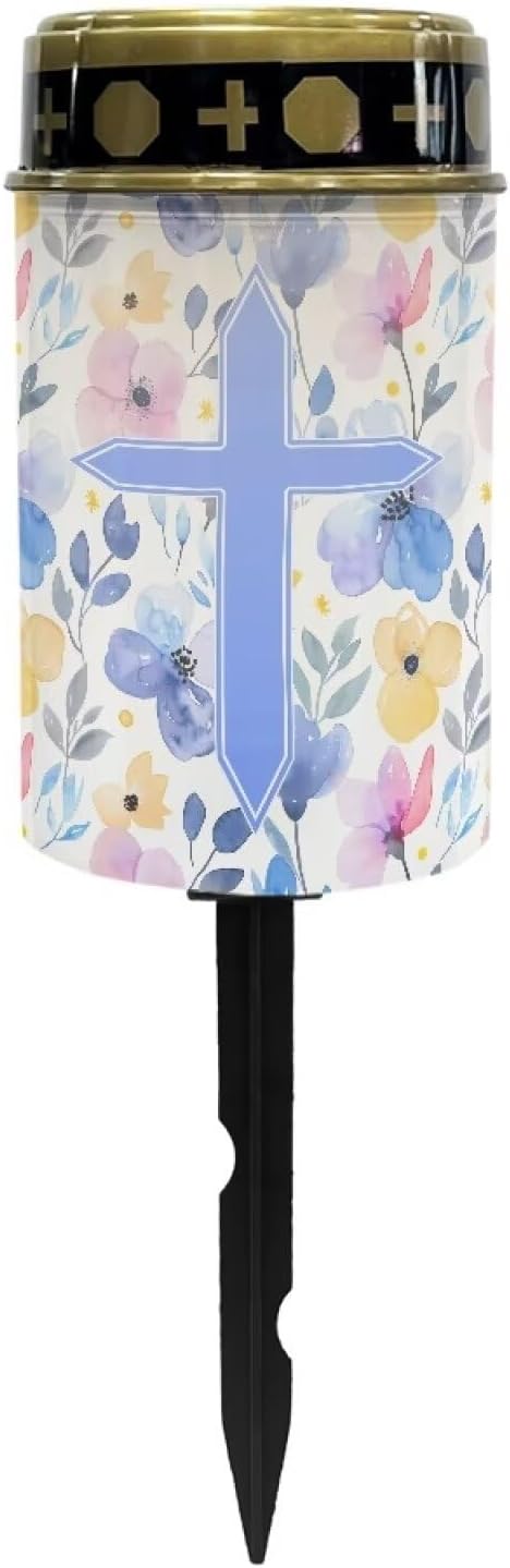 Poceacles Cross Solar Lights Outdoor Waterproof Cemetery Lights Solar Powered Grave Solar Lantern Outdoor Waterproof Walkway Lights for Lawn Garden Pathway, Blue Floral Cross