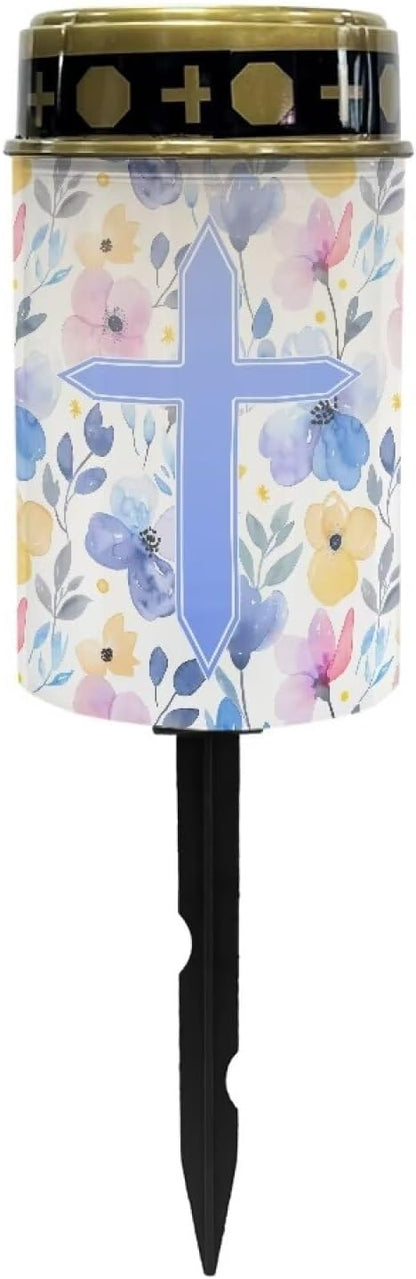 Poceacles Cross Solar Lights Outdoor Waterproof Cemetery Lights Solar Powered Grave Solar Lantern Outdoor Waterproof Walkway Lights for Lawn Garden Pathway, Blue Floral Cross