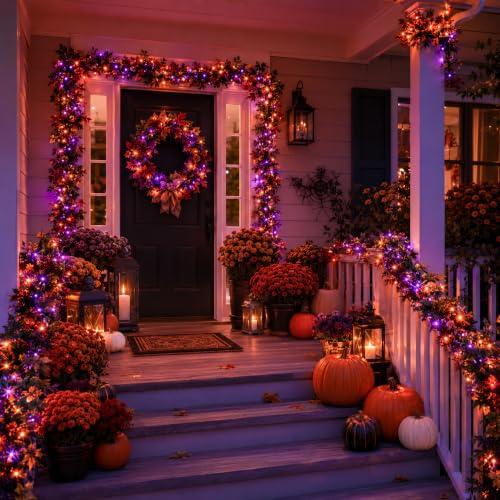 400FT Purple and Orange Halloween String Lights with Remote, Green Wire LED Mini Lights, 8 Modes, Timer, Plug-in Indoor Outdoor Lights for Large Trees, Fences, Yard, Fall and Thanksgiving Decor