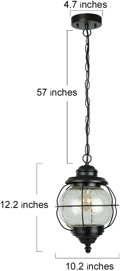 LALUZ Outdoor Pendant Lights, Farmhouse Ceiling Hanging Porch Fixture in Black Metal with Clear Bubbled Glass Globe in Iron Cage Frame, Exterior Lantern for Gazebo, Entryway, Patio