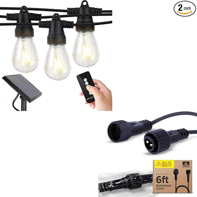 Brightech Bundle String Lights + 6Ft Extension Cord, Ambience Pro – Solar Power Remote Control Outdoor String Lights with Edison Bulbs – 12 Shatterproof, Commercial Grade LED Waterproof Patio Christm