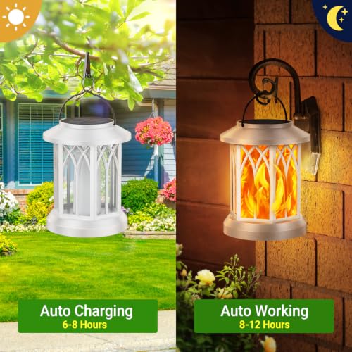 KOOPER 4 Pack Solar Lantern Outdoor Lights, Upgraded Flickering Flame Solar Lanterns Lights Outdoor Waterproof, Hanging Lantern Decorative, Solar Powered Lanterns for Yard Patio Garden Decor (White)