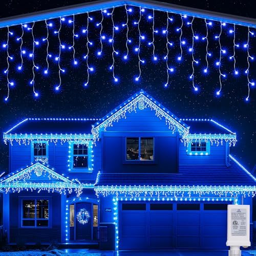 Joomer Christmas Icicle Lights - 19FT Outdoor String Lights Waterproof, 8 Modes Timer Connectable Plug-in String Light for Christmas Party, Eaves, Roofs, Xmas Decorations (Blue)