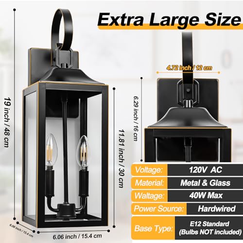 19" Large Outdoor Wall Lights Modern Front Porch Lantern Wall Mount 2-Light