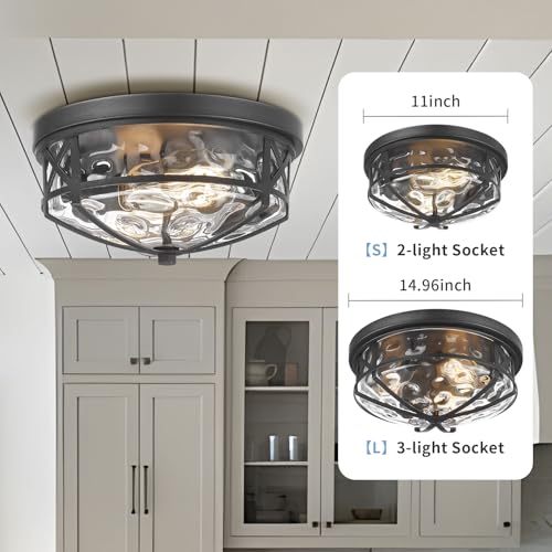 Darkaway 15inch Ceiling Light Fixtures Large Flush Mount Light Fixtures with Water Ripple Glass Shade, Indoor Outdoor Ceiling Light for Kitchen Bathroom Bedroom Hallway Entry Porch