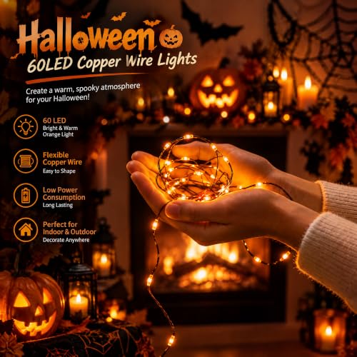 Dazzle Bright Orange Halloween Fairy String Lights, 4 Pack Total 80FT 240LED Copper Wire Battery Operated Waterproof Lights, Halloween Decorations for Indoor Home Outdoor Patio Yard Party Decor