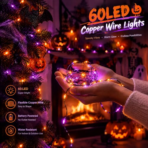 Dazzle Bright Halloween Fairy String Lights, 20FT 60 LED Copper Wire Battery Operated Waterproof Lights, Halloween Decorations for Indoor Home Outdoor Patio Yard Party Decor (Purple and Orange)