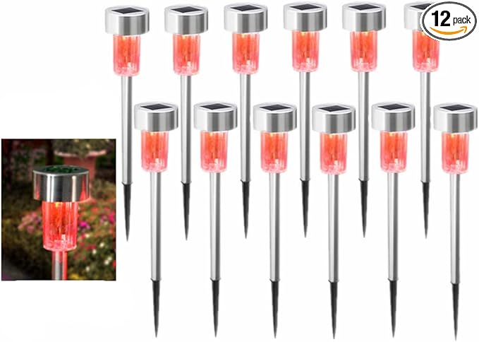 12PCS Red Solar Outdoor Lights LED Steel Garden Solar Powered Landscape Driveway Light Lamp Yar Pathway Stake Lights | Lumora