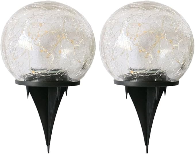 VOSAREA 2pcs Solar Lawn Lights Outdoor Waterproof Garden Pathway Lights 12cm Crackled Globe 30 Warm Yellow LEDs Solar Spotlight for Yard and Patio