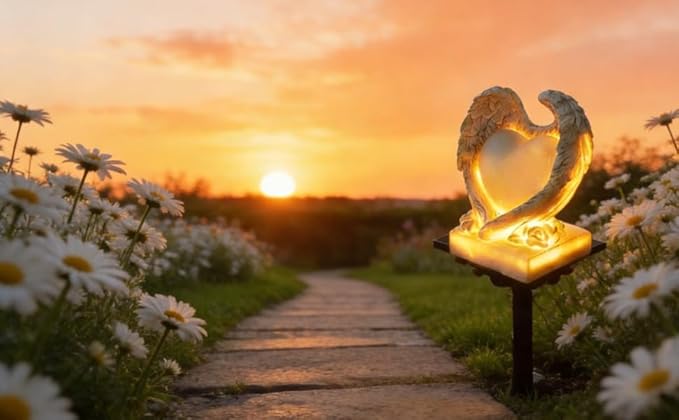 Angel Heart Solar Garden Path Light, Resin Outdoor Decoration, 17.1 In Waterproof Led Pile Light With Heart-Shaped Inscription, For Courtyard Lawn
