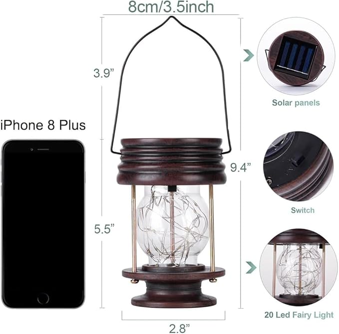 Hanging Solar Lights Outdoor - Solar Powered Waterproof Landscape Christmas Lanterns with Retro Design for Patio, Yard, Garden and Pathway Decoration (Warm Light) (2, 5.5" Fairy LED)