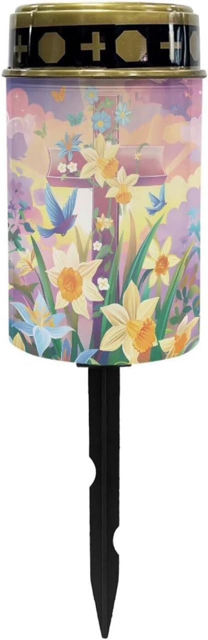 Orange Flower Cemetery Candles for Grave Solar Patio Lights Outdoor Waterproof Grave Solar Lights Solar Cross Garden Lights Outdoor Decorative Flameless Solar Powered Light for Prayer