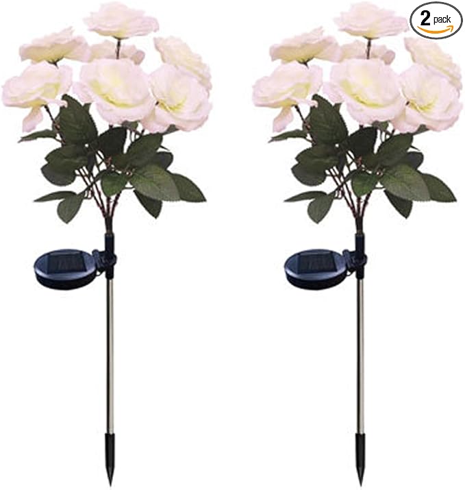 Aolyty Solar Garden Lights, 2 Pack Solar Rose Lights with 14 Rose Flowers, IP65 Waterproof LED Landscape Light Warm Light for Garden Patio Yard Pathway Valentines Day Outdoor Decorative (White)