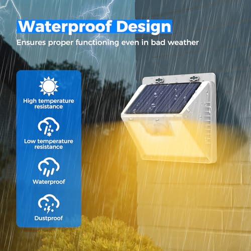 White Frame Solar Motion Sensor Lights Outdoor, 2 Packs 180LED Warm Solar Wall Lights Waterproof, 3 Modes Fence Security Lighting for Deck Yard Stairs Garden