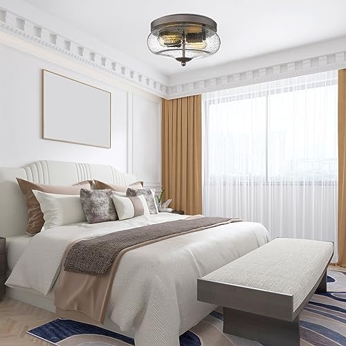 Darkaway Oil-Rubbed Bronze Ceiling Light Fixtures, Indoor Outdoor Flush Mount Ceiling Light with Seeded Glass Shade for Farmhouse Hallway Kitchen Bedroom Porch Living Dining Room