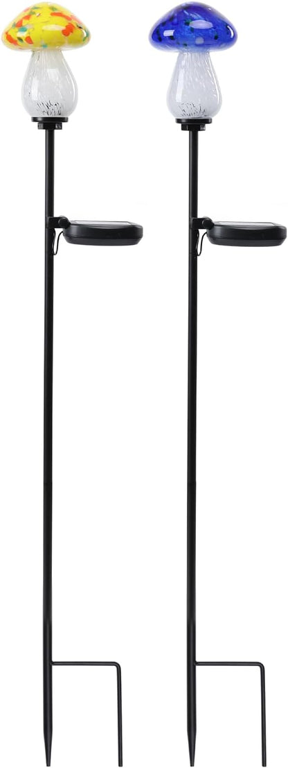 Bshine Mushroom Solar Outdoor Lights, 2 Pack Mushroom Lamp Handmade Blown Glass Waterproof Metal Stakes Decoration Garden, Outdoor Yard Art Decoration Pathway, Lawn Ornaments, Gift for Mom