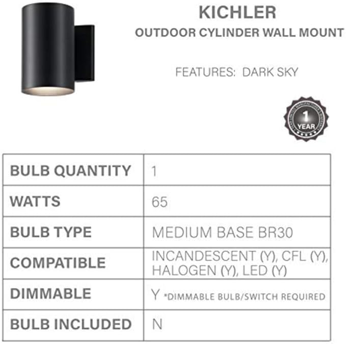 Kichler Cylinders 7" Outdoor Wall Sconce in a Black, 1-Light Exterior Wall Light, Cylinder Fixture, (7" H x 5" W) | Lumora