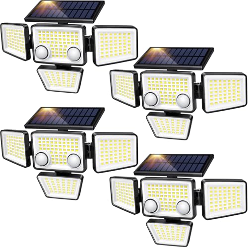 LYWALT Solar Outdoor Lights - 3000LM 188 LED Motion Sensor Outdoor Lights, 4 Heads Security Light,IP65 Waterproof, Easy Install,270°Wide Angle Flood Wall Light with 3 Modes for Backyard Yard