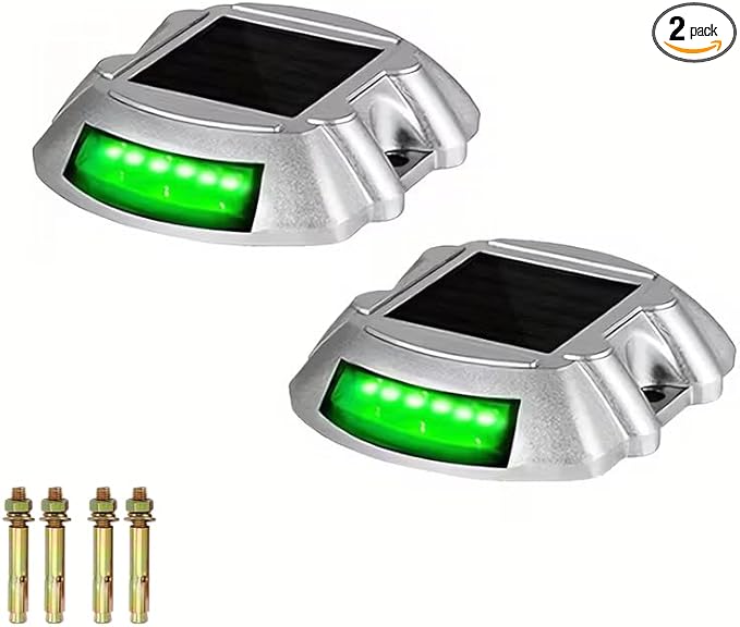 ikaufen Solar Driveway Lights, Solar Deck Lights Outdoor, Waterproof Dock Lights, Bright Blue/Green, 12 LED, with Screw, for Path Warning Garden Walkway Sidewalk Steps (2, Green)