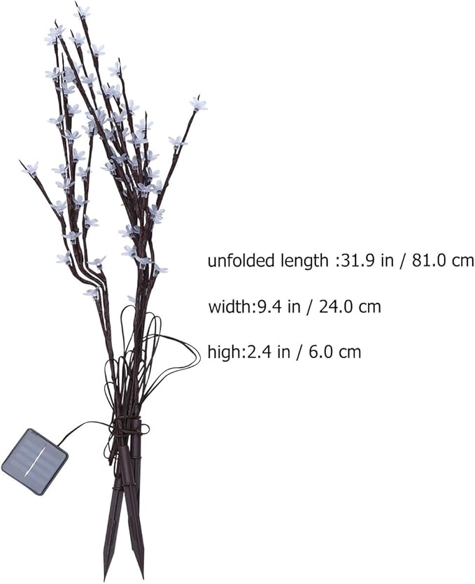 Solar Garden Lamp Cherry Blossom Branch Light with Battery, LED White Light Outdoor Lawn Path Landscape Lighting, 3-Head Solar Powered Ground Stake for Yard and Patio
