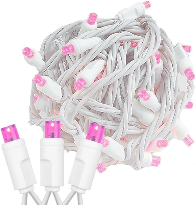 Novelty Lights 25ft Christmas String Lights, 50 Pink LED Bulbs on White Wire, 6" Spacing, Connectable Indoor Outdoor Commercial Grade Lighting for Holidays Patio Weddings