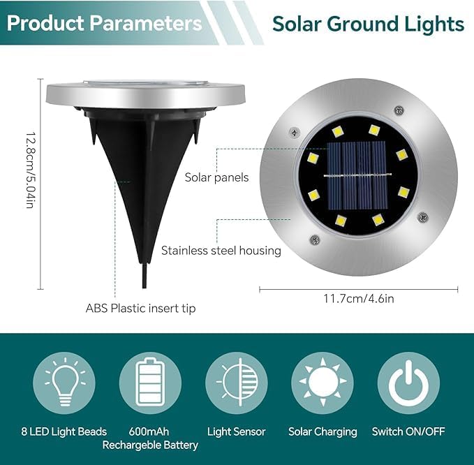 4 Pack Solar Deck Lights, 8 LEDs Solar Ground Lights Outdoor Garden, Bright White Light, IP65 Waterproof, Decking | Lumora