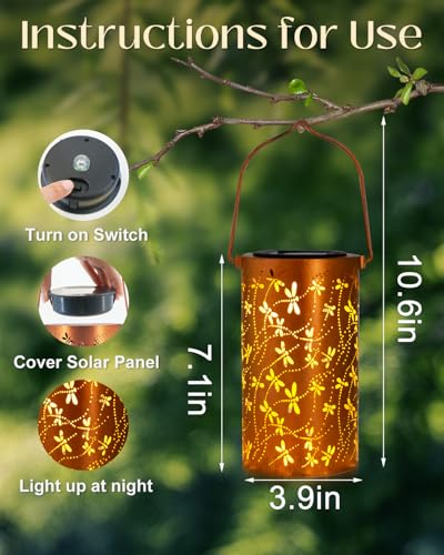 DIBIEECN Birthday Gifts for Women Mom Grandma Wife, Solar Lanterns Outdoor Waterproof, Metal Hanging Lights Garden Decor, LED Decorative Lantern for Patio Porch Backyard, Dragonfly, 2Pack