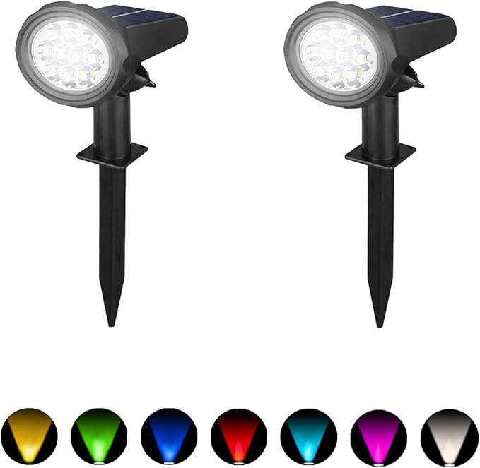 Solar Spot Lights Outdoor，Solar Lights Outdoor Waterproof IP68，Dark Sensing Auto On/Off，Suitable for Garden, Corridor Landscape Lighting and Flag Lighting. (Multicoloured, 2-Pack)