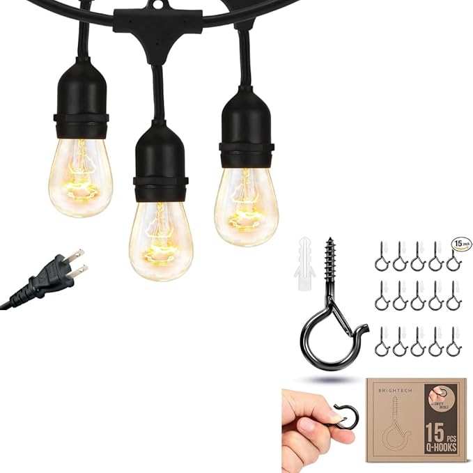 Brightech Bundle: Waterproof LED Outdoor String Lights Hanging, Dimmable 11W Bulbs - 48 Ft + String Light Screw Hooks - 15 Pack, Black