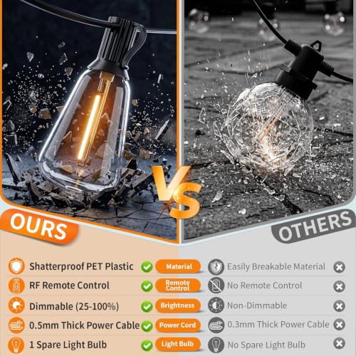 Hotsonic Solar Outdoor String Lights Waterproof, 50FT Remote Control LED Outside Lights with Shatterproof Bulbs, Dimmable Hanging Lights for Patio Porch Garden pergola Yard House Bistro Party decors