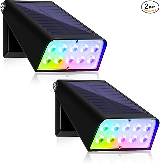 Solar Fence Lights Outdoor Waterproof, Deck lights with White/Rgb/Color Changing, 6 Lighting Modes, 90° Rotating Light, Dusk to Dawn,Waterproof for Patio/Driveway/Landscape/Garden/Pool, 2 Pack