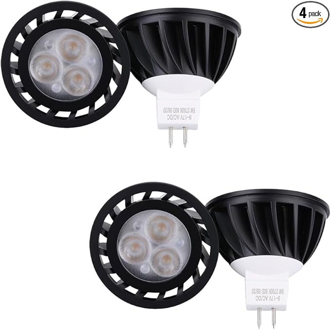 MR16 LED Bulb 5W Water Resistant Dimmable,Fully Potted Electronics Aluminum Heat Dissipation for Track Recessed Lights,Outdoor Low Voltage Landscape Lighting Warm White Black Finish 4 Packs