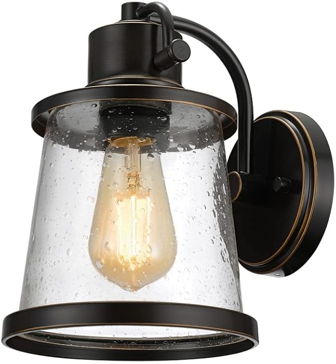 Globe Electric 44127 Charlie 1-Light Outdoor Indoor Wall Sconce, LED Bulb Included, Oil Rubbed Bronze, Clear Seeded Glass Shade, 500 Lumen