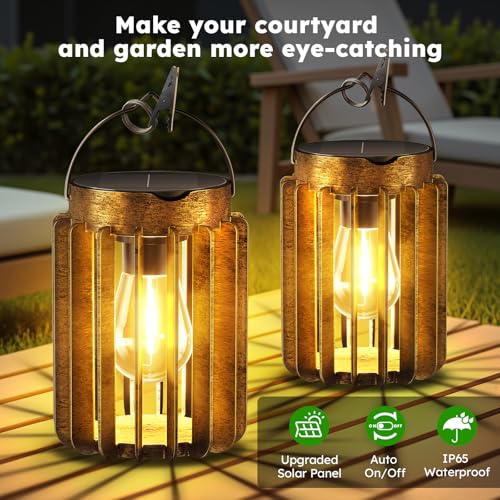 2 Pack Solar Lanterns Outdoor Waterproof, Retro Hanging Lantern, Bronze