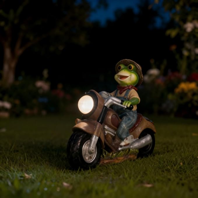 Solar Frog Motorcycle Statue Light - Outdoor Garden Decor Resin Frog Figurine Riding Vintage Ornament for Patio | Lumora