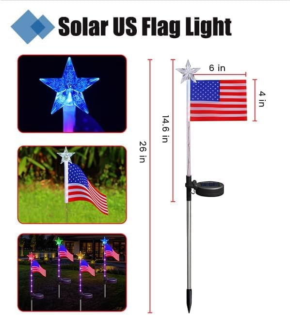 US Flag Solar Garden Lights, 4 Pack 24 LED 7 Color Changing American Flag Landscape Light, 4th of July Outdoor Decor Star Solar Stake Lights for Yard Patio Walkway Pathway (4)