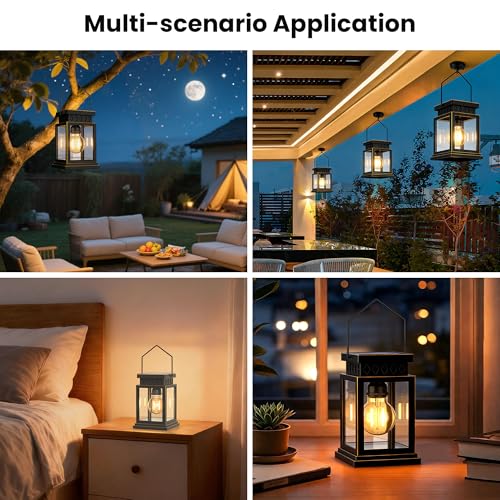 2 Pack Farmhouse Solar Lanterns ,Glass Solar Lights Bulb ,Outdoor Waterproof Upgraded Solar and 2 AA Batteries Powered, for Outside Porch, Patio and Indoor Tables, Mantelpiece.
