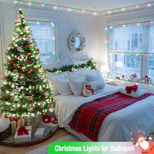 JMEXSUSS 66ft 200 LED Red White and Green Christmas Lights Plug in