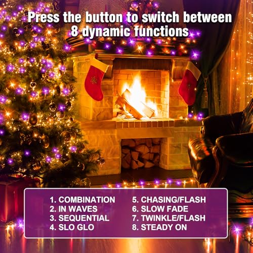 400FT Purple and Orange Halloween String Lights with Remote, Green Wire LED Mini Lights, 8 Modes, Timer, Plug-in Indoor Outdoor Lights for Large Trees, Fences, Yard, Fall and Thanksgiving Decor