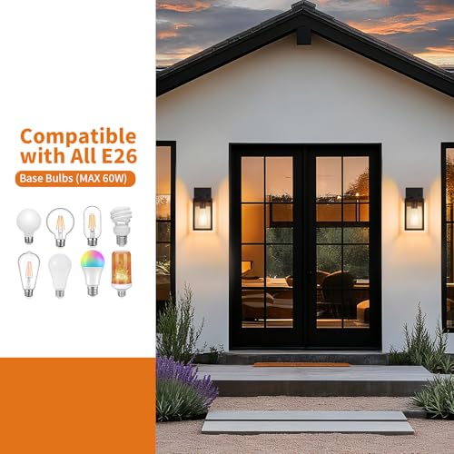 Outdoor Light Fixtures Wall Mount, Waterproof Front Porch Lights, Modern Exterior Lighting Fixtures with E26 Socket, Black Wall Sconces Lantern Lamp, Outside Lights for House, Garage, Patio (2 Pack）