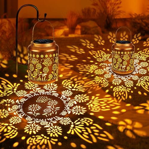 Brizled Butterfly Solar Lantern Lights 2 Pack, Warm White Christmas/Birthday Gift for Women Mom Grandma, Waterproof Hanging Solar Butterfly Lights, LED Lanterns for Garden Patio Path Tabletop Decor