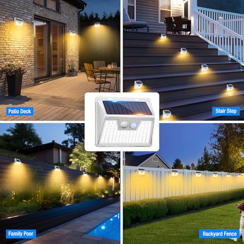 White Frame Solar Motion Sensor Lights Outdoor, 2 Packs 180LED Warm Solar Wall Lights Waterproof, 3 Modes Fence Security Lighting for Deck Yard Stairs Garden