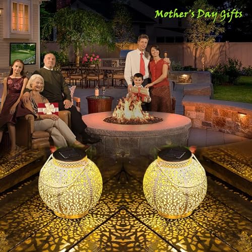TAKE ME 2 Packs White Solar Lanterns Outdoor Waterproof Garden Laterns Metal Retro Lights for Mothers Gifts Mom Wife Grandma Birthday Gifts (White Set of 2)