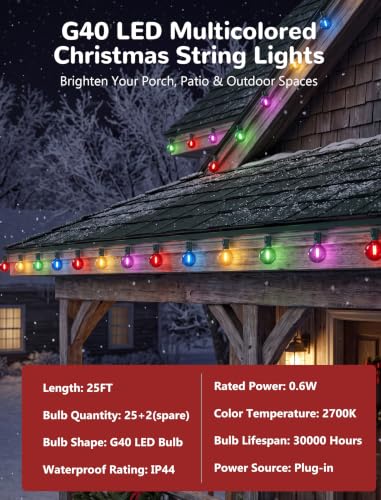 25FT G40 LED Multicolor Outdoor String Lights, 25 Shatterproof Globe Bulbs