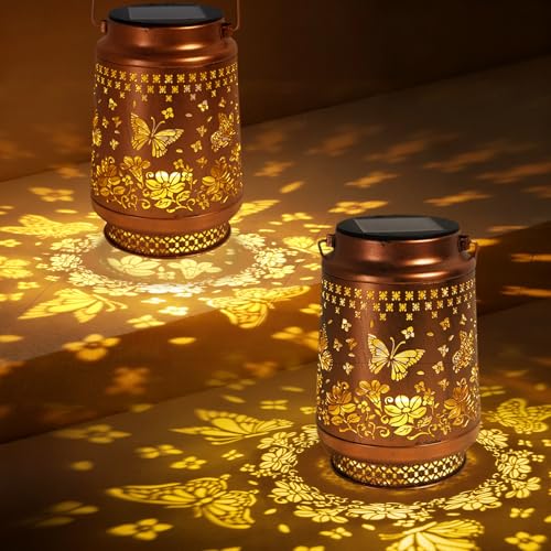 2 Pack Butterfly Solar Lanterns Outdoor Waterproof, Garden Decor Birthday Gifts for Women Mom Grandma Sister, Metal Hanging Solar Lights Outside Decorative for Backyard Patio Lawn Pathway Landscape