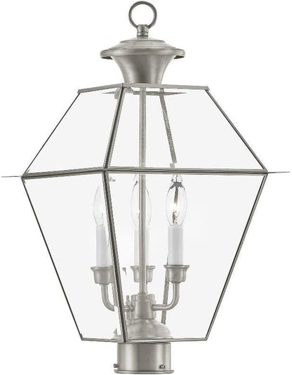 Livex Lighting Lantern 2384-91 Transitional Three Light Post-Top Lanterm from Westover Collection in Pwt, Nckl, B/S, Slvr. Finish, 12.00 inches, 21.5x12.00x12.00, Brushed Nickel