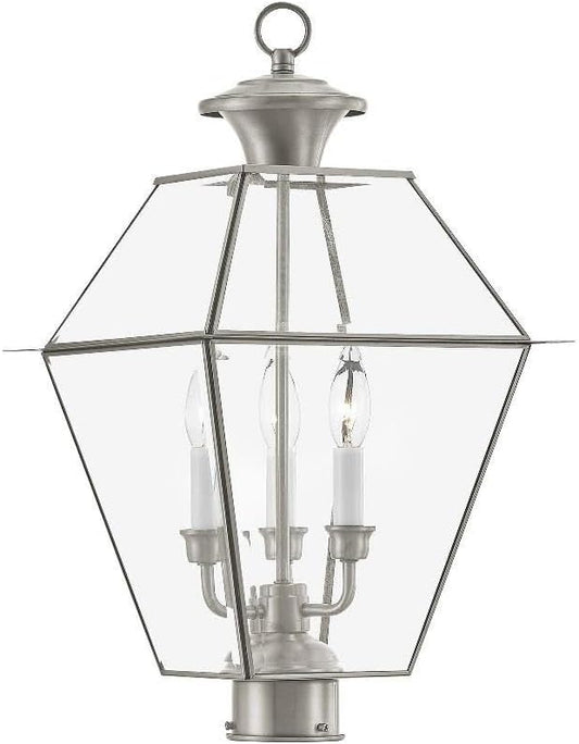 Livex Lighting Lantern 2384-91 Transitional Three Light Post-Top Lanterm from Westover Collection in Pwt, Nckl, B/S, Slvr. Finish, 12.00 inches, 21.5x12.00x12.00, Brushed Nickel