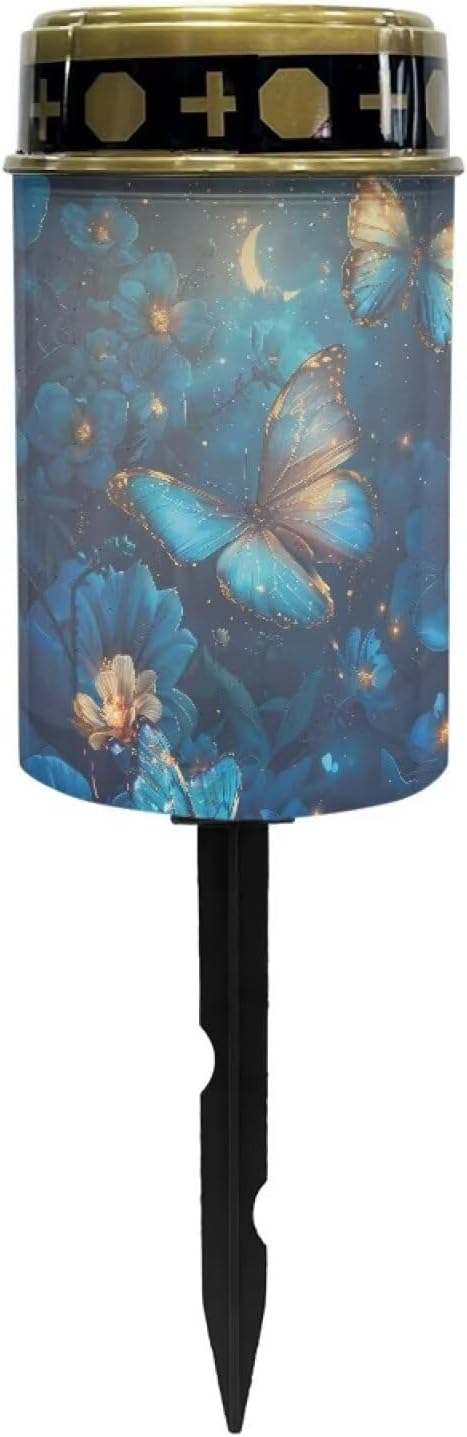 Blue Butterfly Outdoor Solar LED Lights Waterproof Flameless Memorial Lighting Cemetery Solar Lights Dustproof Garden Light Stake for Garden Landscape Pathway Patio Sidewalk Decor