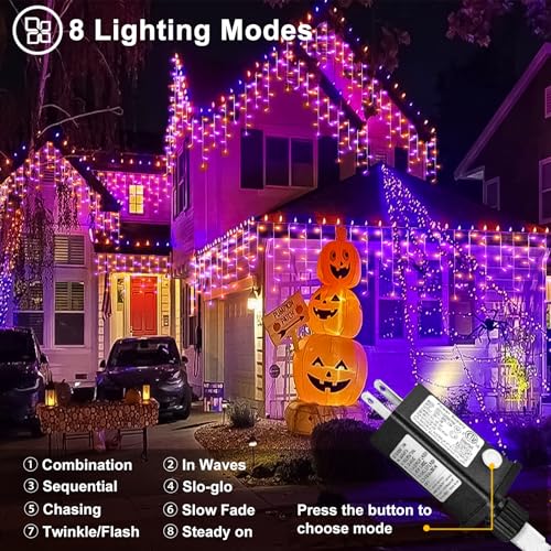 33ft Orange and Purple Halloween Lights Outdoor, 400 LED Icicle Lights for Outside House Decor, Connectable Clear Wire Twinkle String Lights with 8 Modes, Timer, Waterproof for Holiday Party Tree Yard