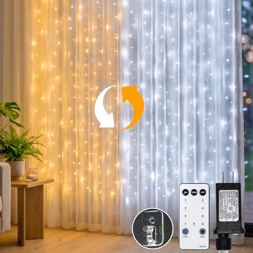 suddus Curtain Lights Outdoor, 450 LED Curtain Lights for Bedroom, Window, Wall, Wedding, Party,Warm White & White